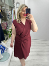 Bordo Kruvaze Kapama Saten Kendinden Çizgili Nisbet Elbise stp 26y2786