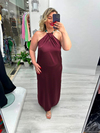 Bordo Premium Kolye Boncuk Detaylı İki Yan Yırtmaçlı Saten Elbise stp 26y2813