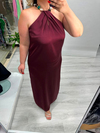 Bordo Premium Kolye Boncuk Detaylı İki Yan Yırtmaçlı Saten Elbise stp 26y2813