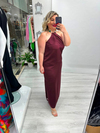 Bordo Premium Kolye Boncuk Detaylı İki Yan Yırtmaçlı Saten Elbise stp 26y2813