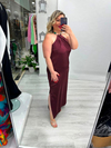 Bordo Premium Kolye Boncuk Detaylı İki Yan Yırtmaçlı Saten Elbise stp 26y2813