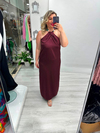 Bordo Premium Kolye Boncuk Detaylı İki Yan Yırtmaçlı Saten Elbise stp 26y2813