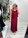 Bordo Premium Piliseli 2 Katlı Kolsuz Uzun Şifon Elbise stp 26y2621