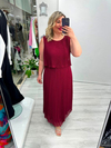 Bordo Premium Piliseli 2 Katlı Kolsuz Uzun Şifon Elbise stp 26y2621
