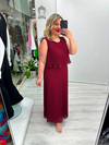 Bordo Premium Piliseli 2 Katlı Kolsuz Uzun Şifon Elbise stp 26y2621