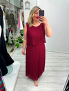 Bordo Premium Piliseli 2 Katlı Kolsuz Uzun Şifon Elbise stp 26y2621