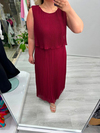 Bordo Premium Piliseli 2 Katlı Kolsuz Uzun Şifon Elbise stp 26y2621