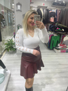 Bordo Valonlu Deri Mini Etek 