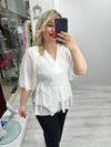 Ekru Beyaz Kruvaze Yaka Yandan BağlamalıTaşlı Yoryo Şifon Bluz stp 26y1666