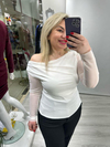 Ekru Çapraz Omuz Dekolteli Tül Bluz stp 25y1316