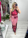 Fuşya Batik Desenl Halter Yaka Askılı Pilise İki Yan Yırtmaçlı Uzun Elbise stp 25y2334