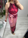 Fuşya Batik Desenl Halter Yaka Askılı Pilise İki Yan Yırtmaçlı Uzun Elbise stp 25y2334