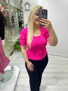 Fuşya Kare Yaka Kısa Kollu Triko