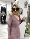 Kadın İnce Kadife Pudra Pembe Kravuze Yaka Elbise 