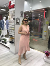 Kadın Kolsuz Fırfır Detaylı Pudra Şifon Elbise 