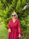 Kadın Kravuze Yaka  Beli Lastikli Etekleri Asimetrik Kesim  Uzun Kollu Bordo   Elbise 