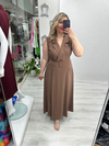 Kahverengi Ceket Yaka Kruvaze Kapama Cupra Kolsuz Elbise stp 26y2793
