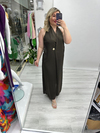 Kahverengi Kruvaze Kapama Nisbet Saten Kendinden Çizgili Gold Düğmeli Tasarım Midi Boy Elbise stp 26y2805