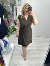 Kahverengi Kruvaze Kapama Saten Kendinden Çizgili Nisbet Elbise stp 26y2786