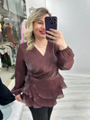 Kahverengi Organze Şifon Kruvaze Yaka Uzun Kollu Ve Etek Volanlı Bağlamalı Bluz stp 27k1679