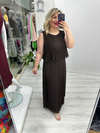Kahverengi Premium Piliseli 2 Katlı Kolsuz Uzun Şifon Elbise stp 26y2621