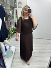 Kahverengi Premium Piliseli 2 Katlı Yarım Kollu Şifon Elbise stp 26y2749