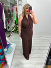 Kahverengi Tasarım Halter Yaka  Şal Detaylı Tulum stp 26y6018