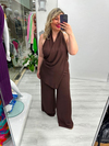 Kahverengi Tasarım Halter Yaka  Şal Detaylı Tulum stp 26y6018