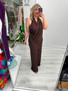Kahverengi Tasarım Halter Yaka  Şal Detaylı Tulum stp 26y6018