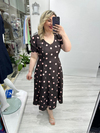 Kahverengi Üzeri Pembe Puantiyeli  V Yaka Double Elbise stp 26y2776