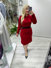 Kırmızı Kravat Yaka  Kemerli Elbise 