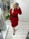 Kırmızı Kravat Yaka  Kemerli Elbise 