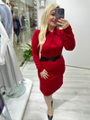 Kırmızı Kravat Yaka  Kemerli Elbise 