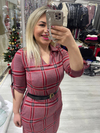 Kırmızı V Yaka Ekose Kemerli Elbise 