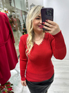 Kırmızı V Yaka Taşlı Simli Triko 