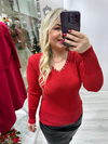 Kırmızı V Yaka Taşlı Simli Triko 