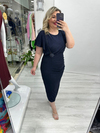 Lacivert Bel Aksesuarlı Simli Elbise arn 41148