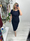 Lacivert Bel Aksesuarlı Simli Elbise arn 41148