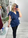 Lacivert Organze Şifon Kruvaze Yaka Kısa Kol Ve Etek Volanlı Bağlamalı Bluz stp 26y1478