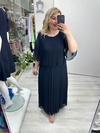Lacivert Premium Piliseli 2 Katlı Yarım Kollu Şifon Elbise stp 26y2749