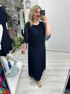 Lacivert Premium Piliseli 2 Katlı Yarım Kollu Şifon Elbise stp 26y2749