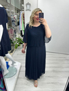 Lacivert Premium Piliseli 2 Katlı Yarım Kollu Şifon Elbise stp 26y2749