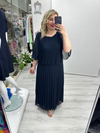 Lacivert Premium Piliseli 2 Katlı Yarım Kollu Şifon Elbise stp 26y2749