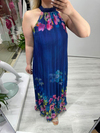 Lacivert Premium Seri Plisoley Çiçek Desenli Halter Yaka Elbise mc 5064