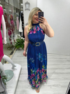 Lacivert Premium Seri Plisoley Çiçek Desenli Halter Yaka Elbise mc 5064