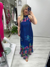 Lacivert Premium Seri Plisoley Çiçek Desenli Halter Yaka Elbise mc 5064