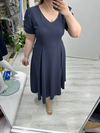 Lacivert V Yaka Taşlı Double Elbise stp 26y2778