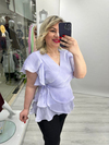 Lila Organze Şifon Kruvaze Yaka Kısa Kol Ve Etek Volanlı Bağlamalı Bluz stp 26y1478