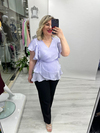 Lila Organze Şifon Kruvaze Yaka Kısa Kol Ve Etek Volanlı Bağlamalı Bluz stp 26y1478