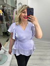 Lila Organze Şifon Kruvaze Yaka Kısa Kol Ve Etek Volanlı Bağlamalı Bluz stp 26y1478